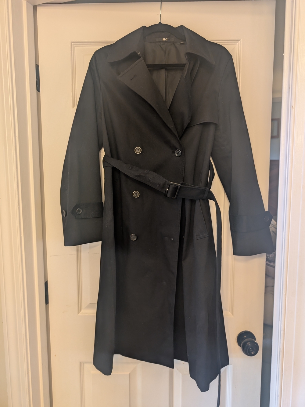 Uniqlo Black Double-Breasted Women's Trench Coat, Size S (but fits like M)